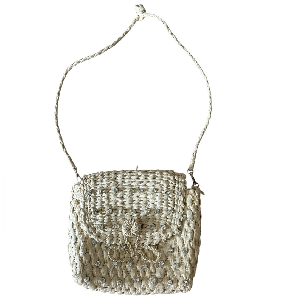 Anthropologie Embellished Straw Woven Crossbody Bag in Cream & Silver Studs - Picture 2 of 6